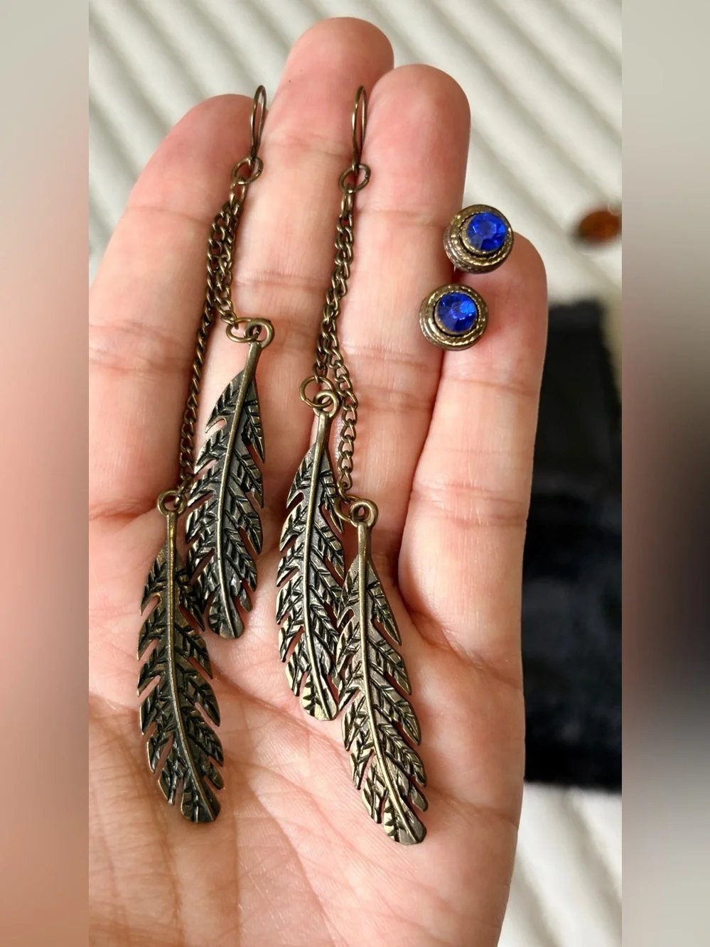 Boho Bundle: Bronze Feather Dangle Chain Earrings and Blue Rhinestone Studs Set